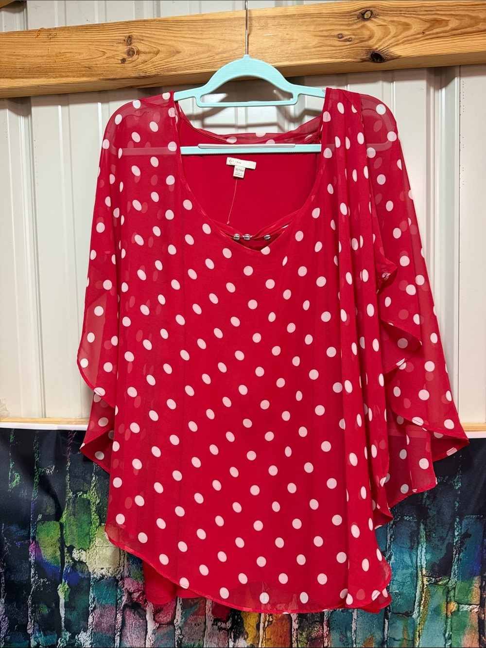 Red Polka Dot Chiffon Blouse with Flutter Sleeves